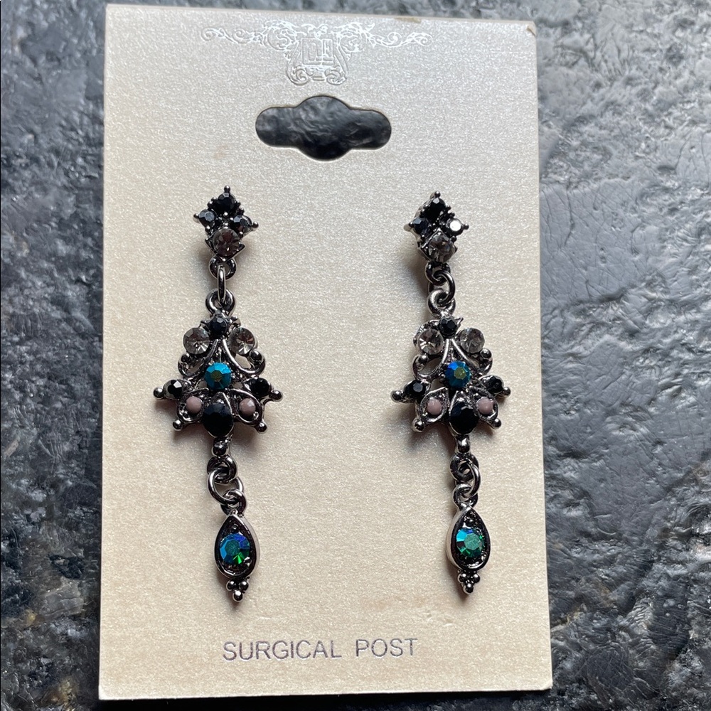 Elegant Silver,Black &Teal Dangle Earrings